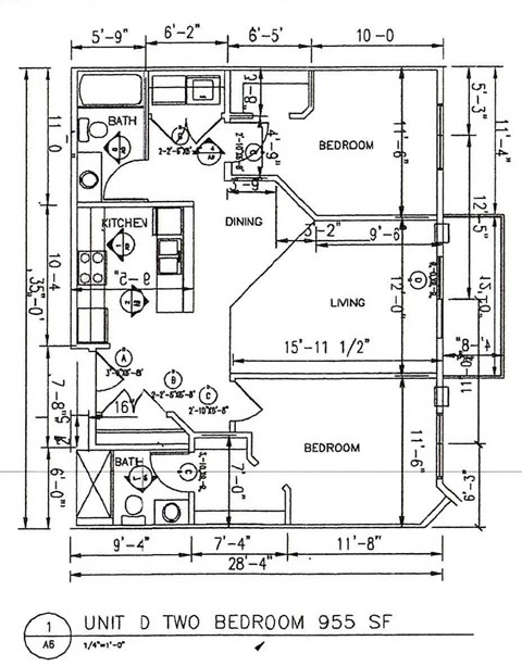 A drawing of a two bedroom apartment layout.